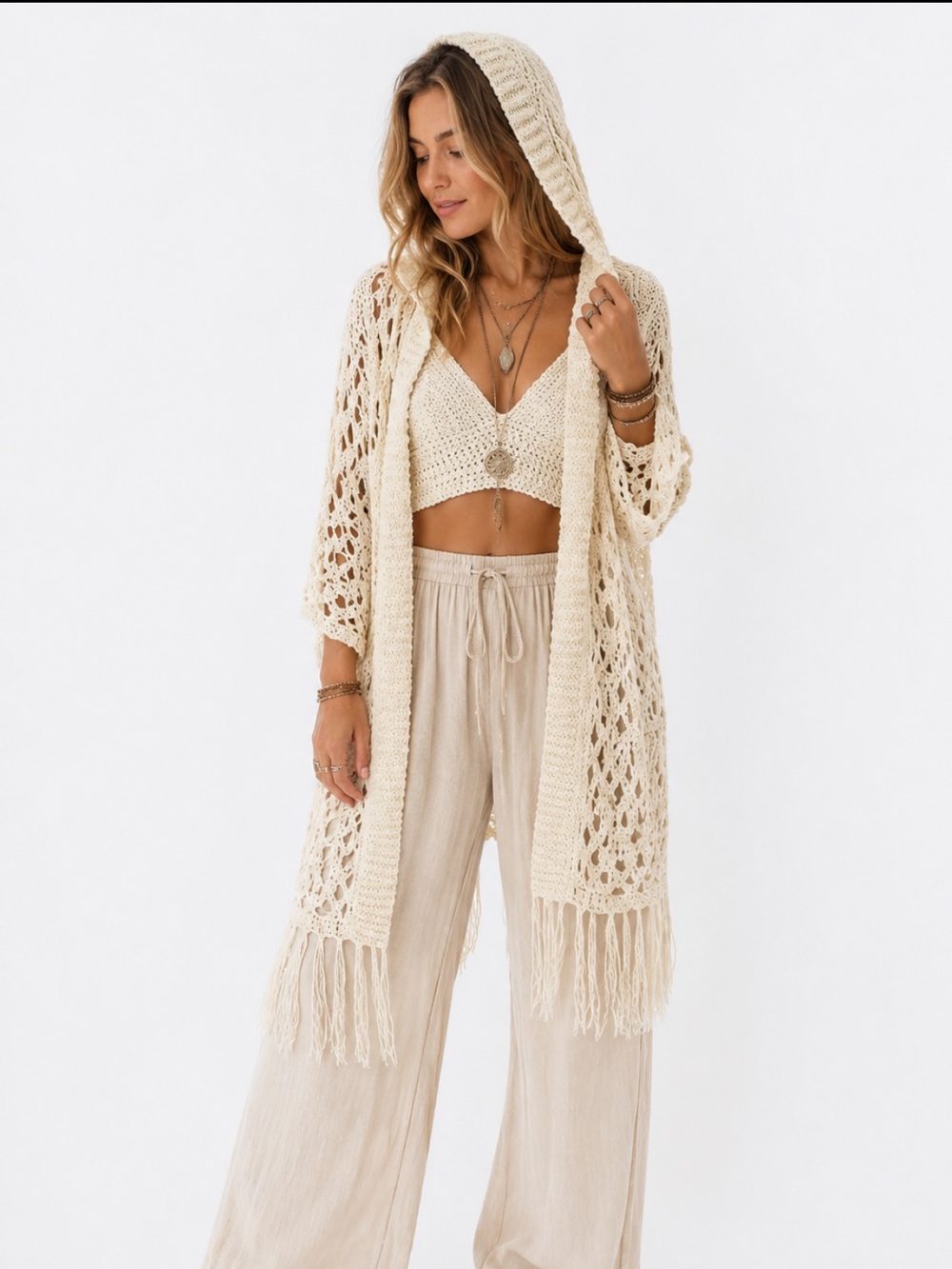Oliver By Escio Anthropologie Boho Cream Crochet Hooded Fringe Open Cardigan